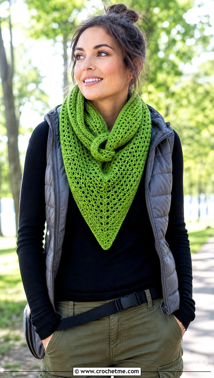 Infinity Triangle Cowl With Puffer Vest - 30 crochet triangle cowl outfit ideas
