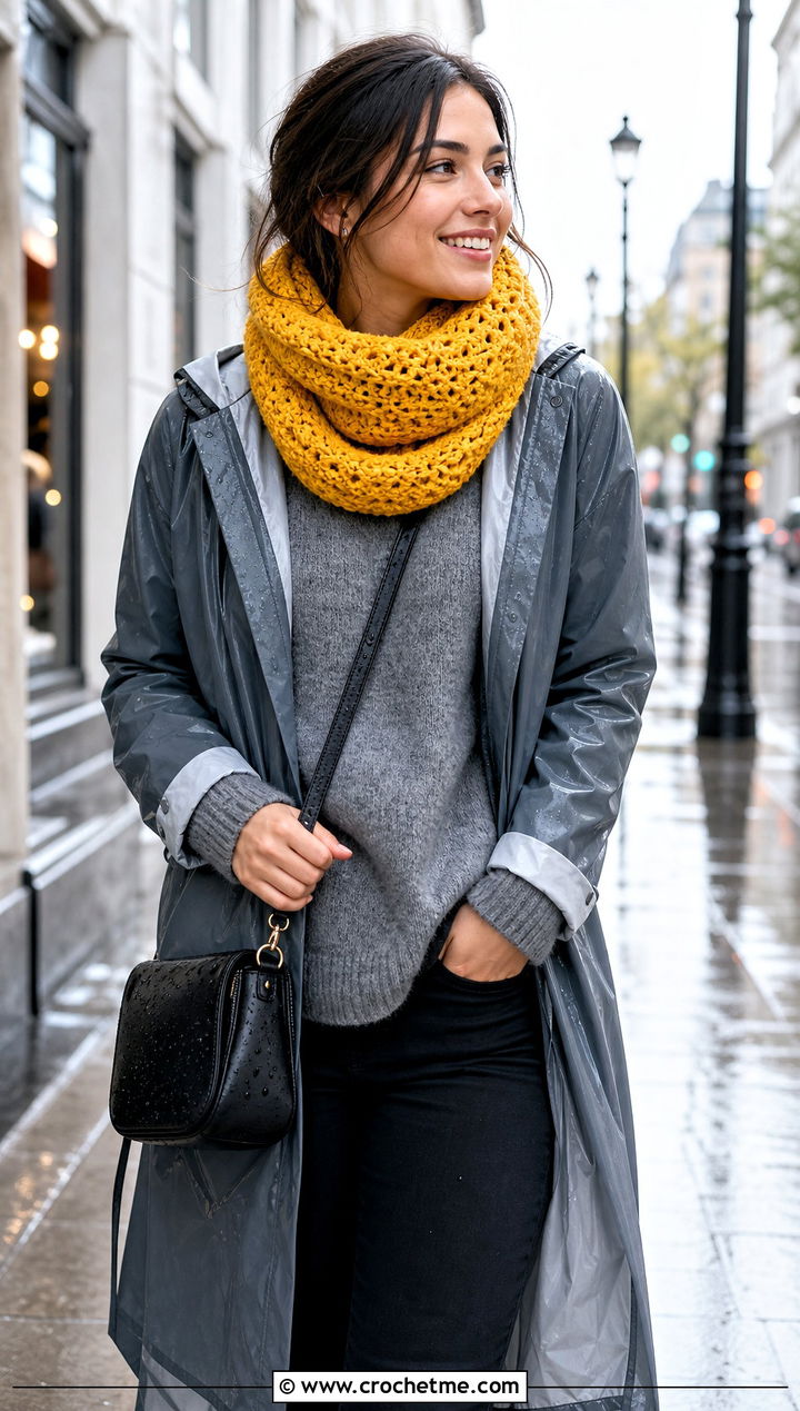 Infinity Turtleneck Crochet Cowl With Raincoat - 25 Crochet Turtleneck Cowl outfit ideas
