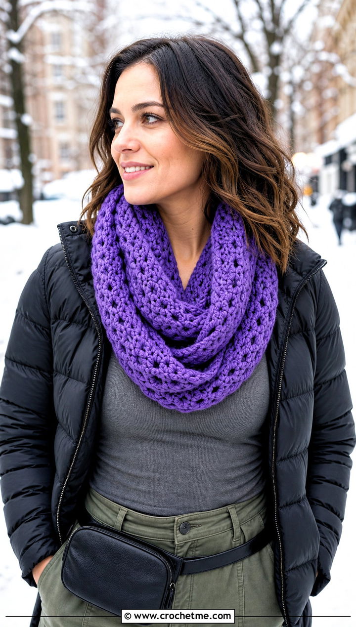 Infinity V Stitch Crochet Scarf With Puffer Jacket - 25 v stitch crochet scarf outfit ideas