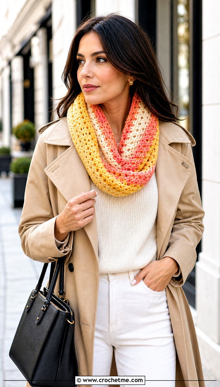 Infinity Variegated Crochet Scarf With Trench Coat - 25 Variegated Yarn Crochet Scarf outfit ideas