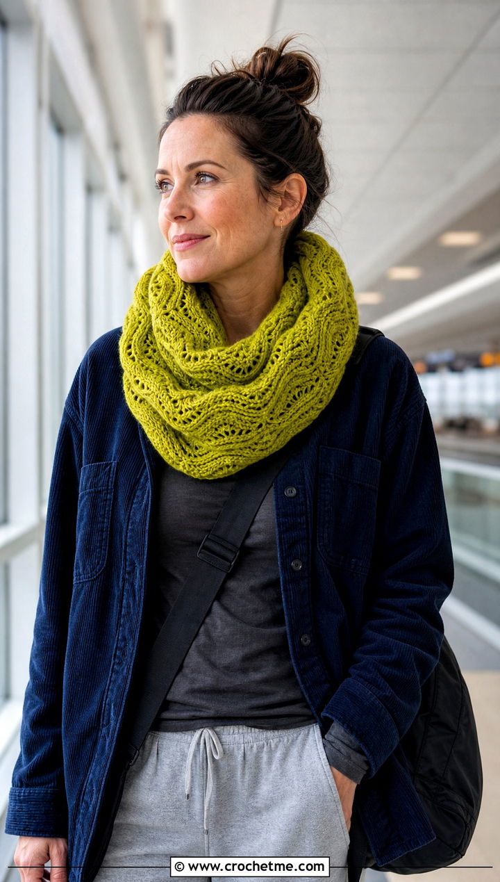 Infinity Wave Crochet Scarf With Shacket and Joggers - 25 wavy crochet scarf outfit ideas