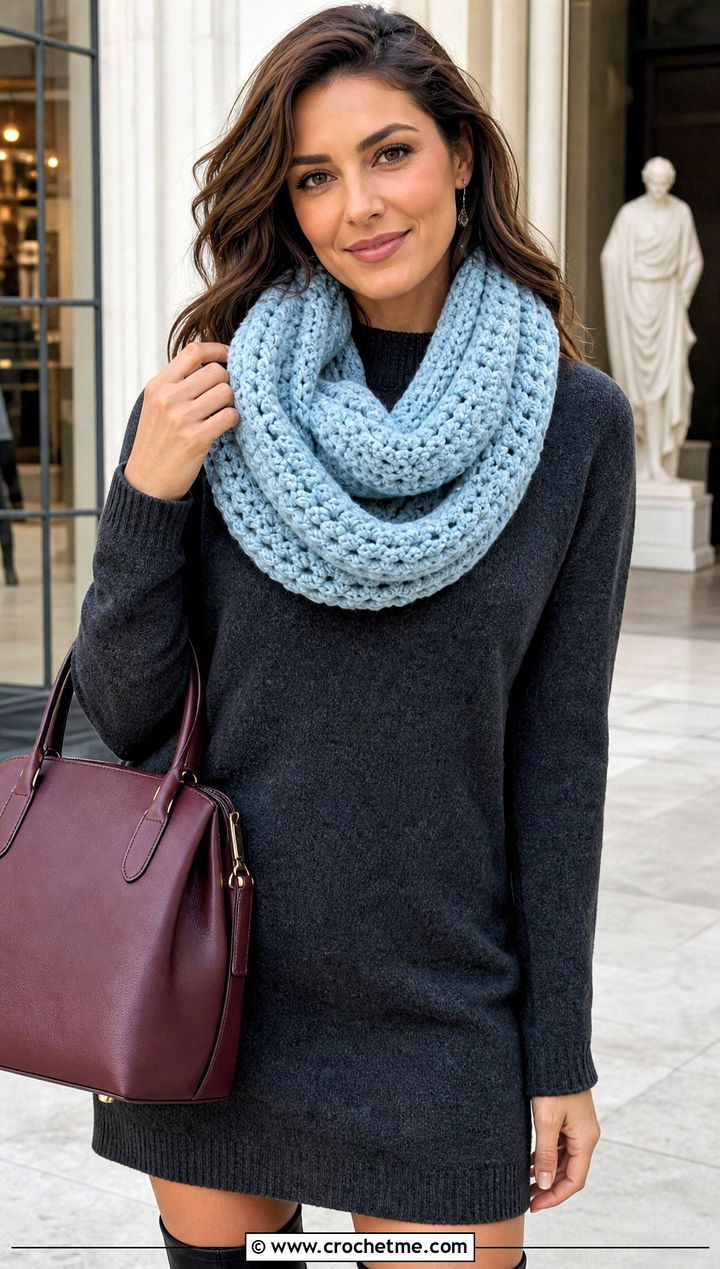 Infinity Wide Scarf With Sweater Dress And Knee Boots - 20 Crochet Wide Scarf outfit ideas