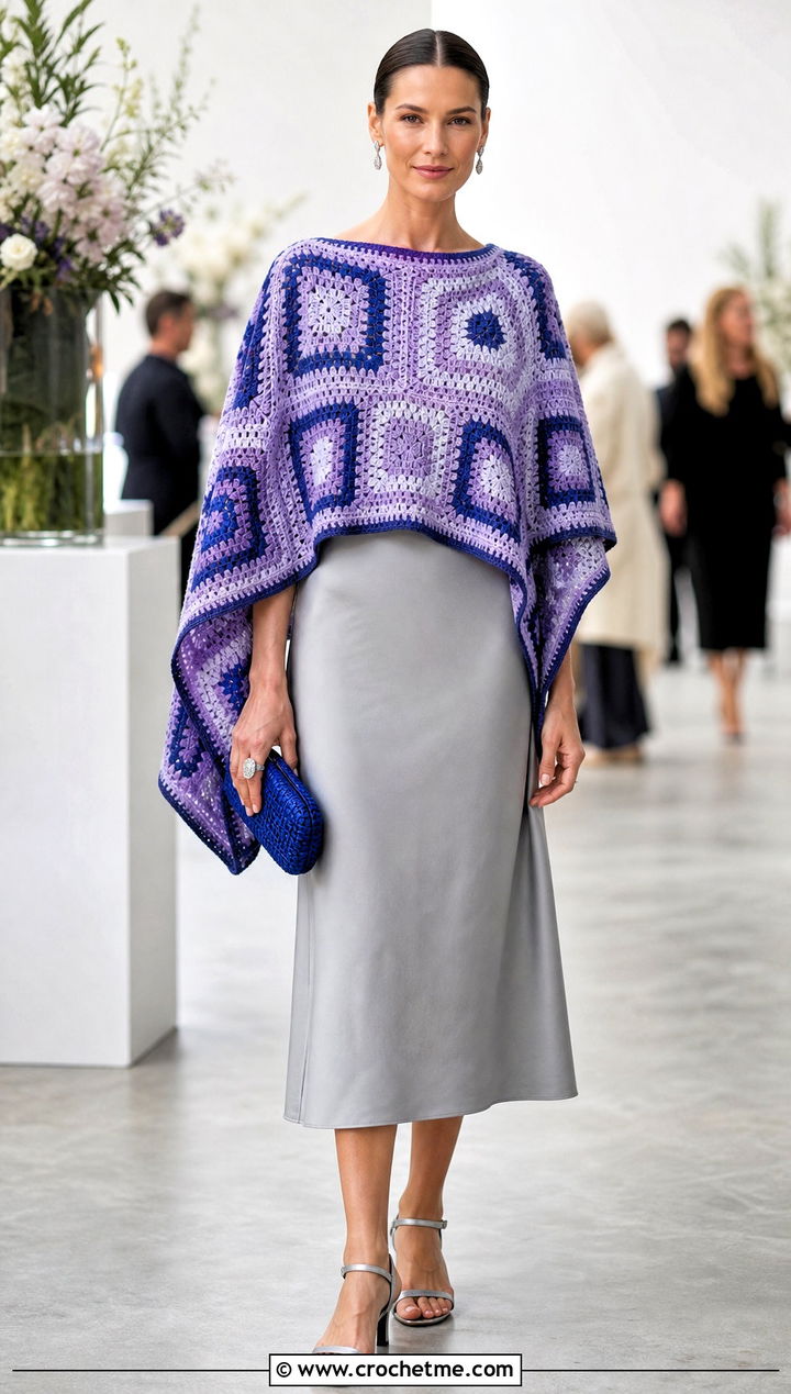 Inset Mosaic Poncho With Slip Dress - 15 Mosaic Crochet Poncho outfit ideas