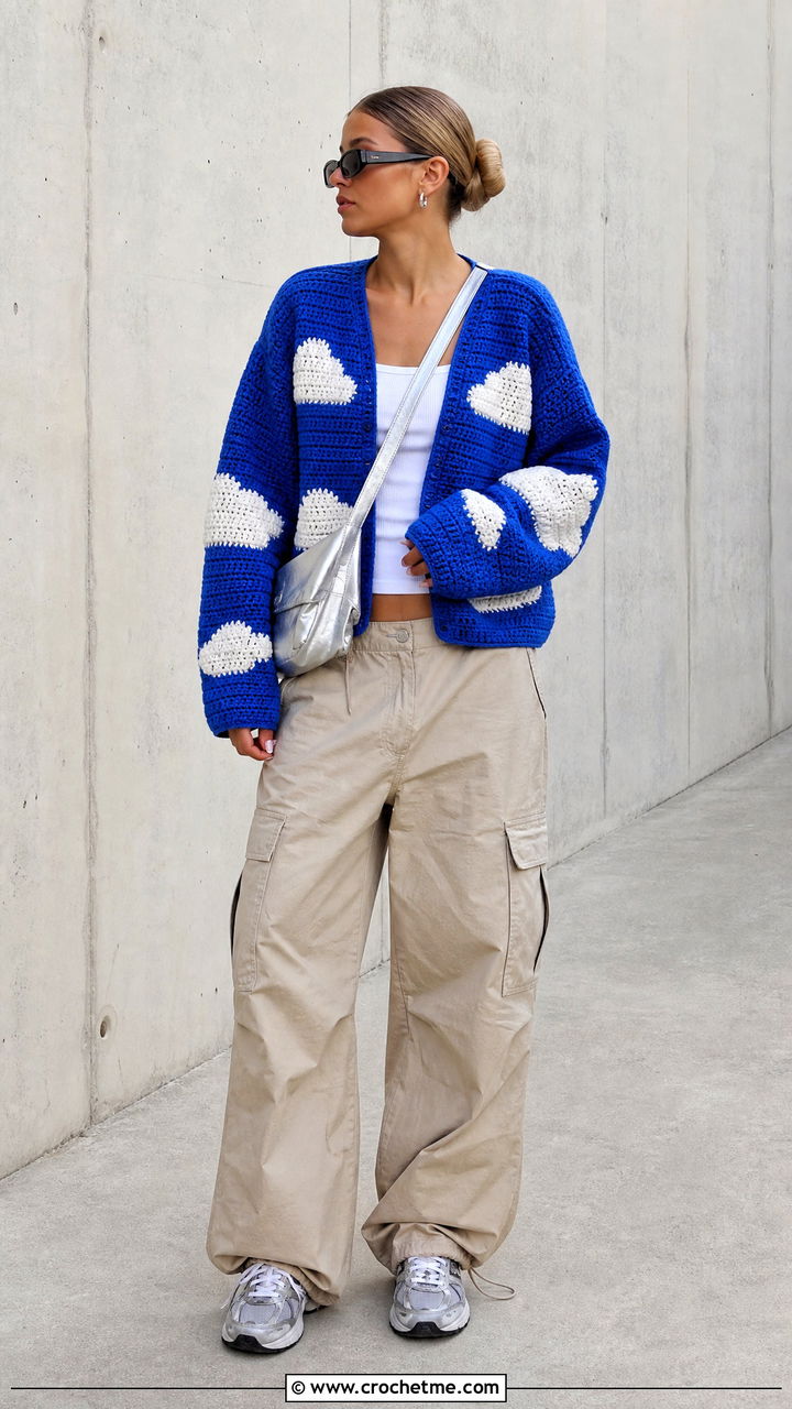 Intarsia Crochet Cloud Cardigan With Cargo Pants - 35 crochet cloud cardigan outfit ideas