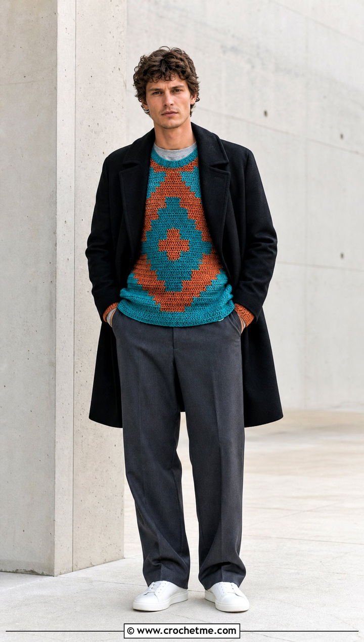 Intarsia Crochet Sweater With Minimal Trousers - 35 men's crochet sweater ideas