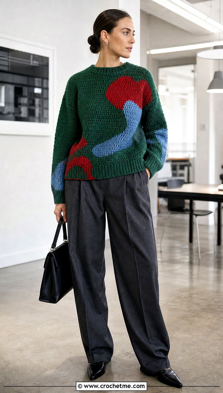 Intarsia Crochet Sweater With Suit Trousers - 25 Colorful Crochet Sweater Ideas