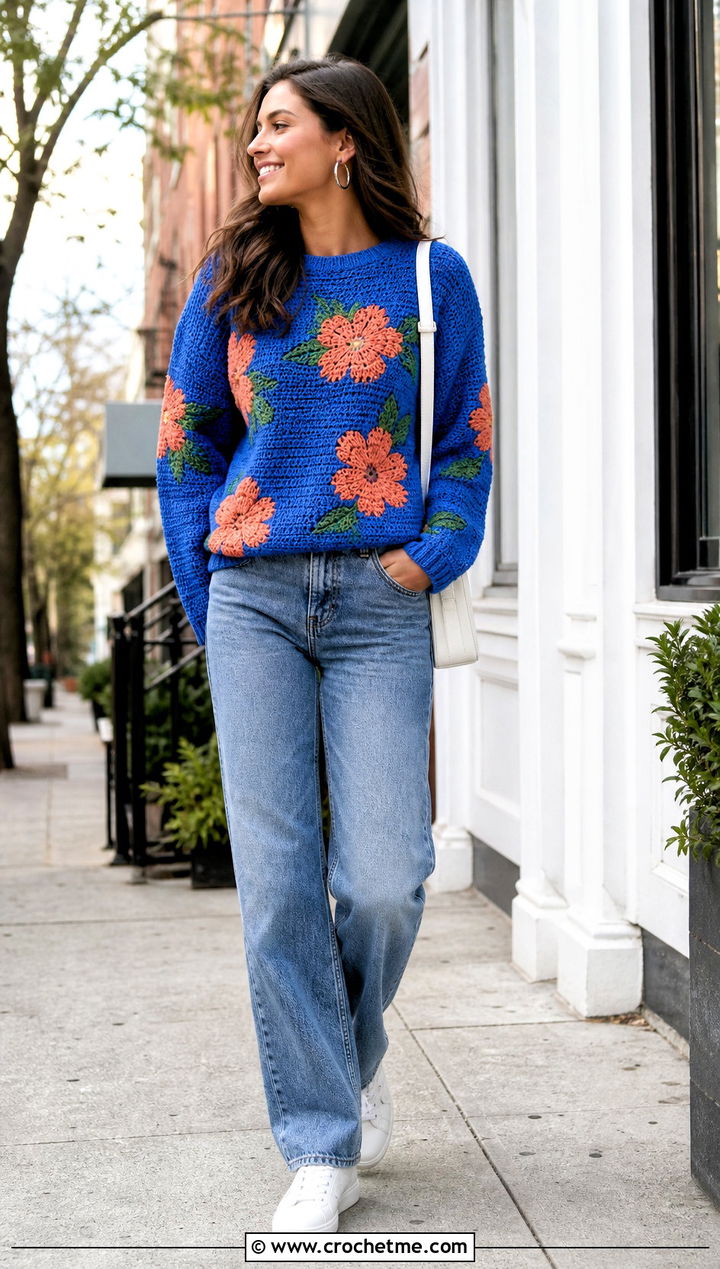 Intarsia Flower Crochet Graphic Sweater With Straight Jeans - 30 crochet graphic sweater outfit ideas