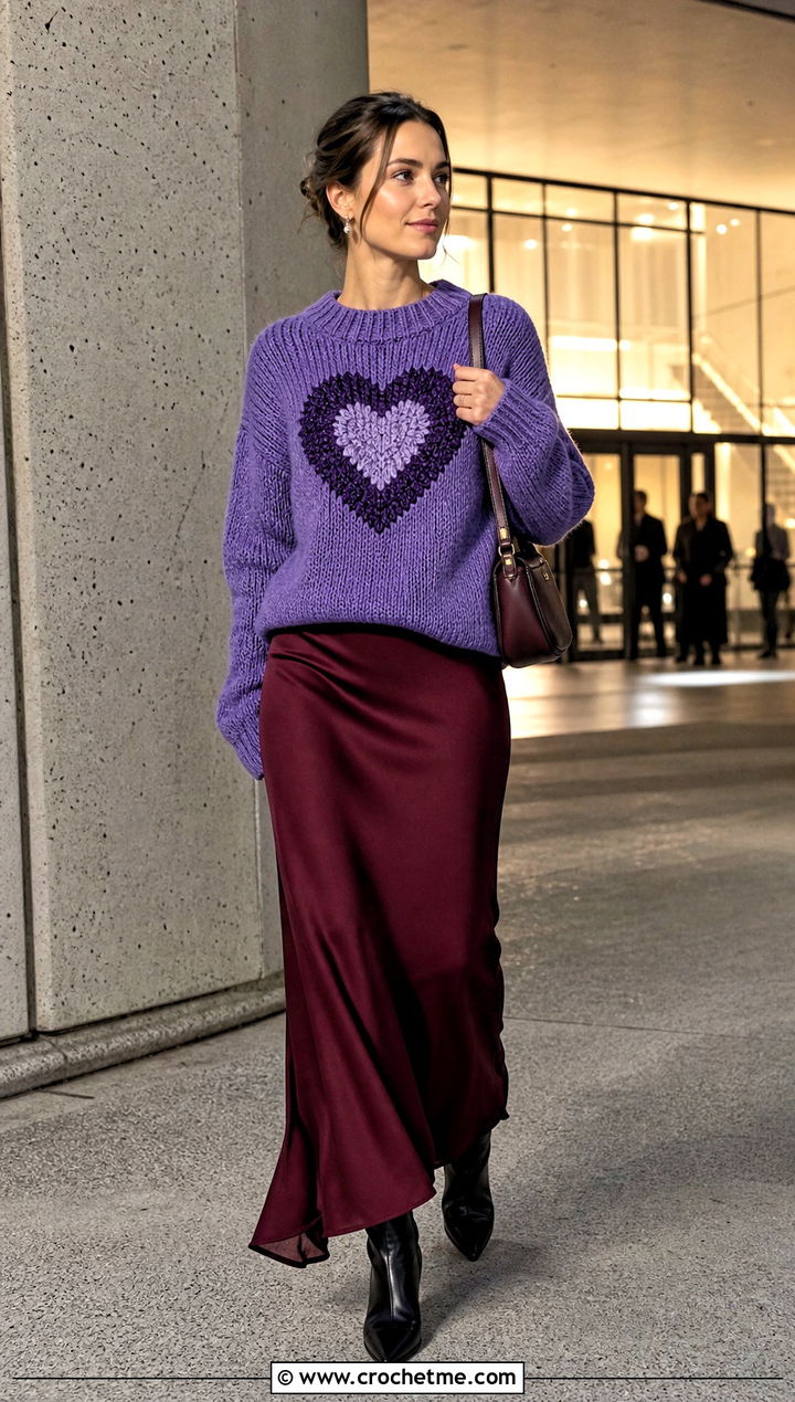 Intarsia Heart Jumper With Bias Cut Maxi Skirt - 30 crochet heart jumper outfit ideas