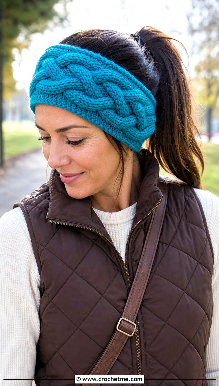 Interlocking Cable Earwarmer With Quilted Vest and Jeans - 15 easy crochet cable headband earwarmer outfit ideas