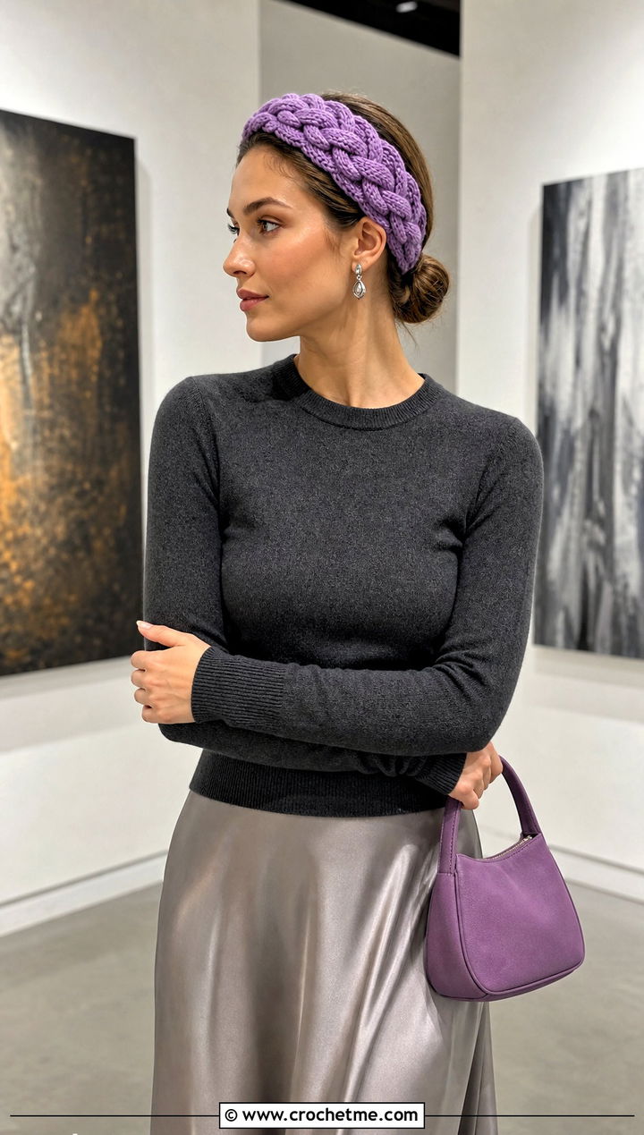 Interlocking Cable Headband With Satin Skirt - 25 crochet cable headband outfit ideas