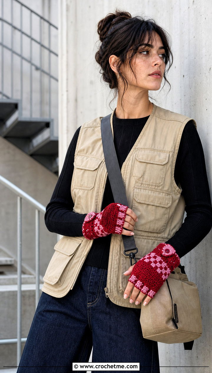 Interlocking Crochet Convertible Gloves With Utility Vest - 15 Convertible Crochet Fingerless Gloves outfit ideas