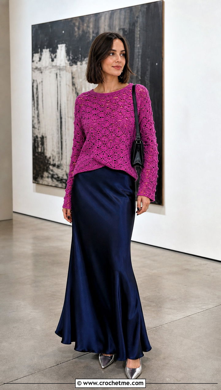 Interlocking Shell Stitch Crochet Sweater With Bias Cut Maxi Skirt - 25 Shell Stitch Crochet Sweater outfit ideas