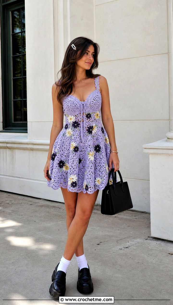 Iris Crochet Babydoll Dress With Platform Loafers - 35 purple crochet dress outfit ideas
