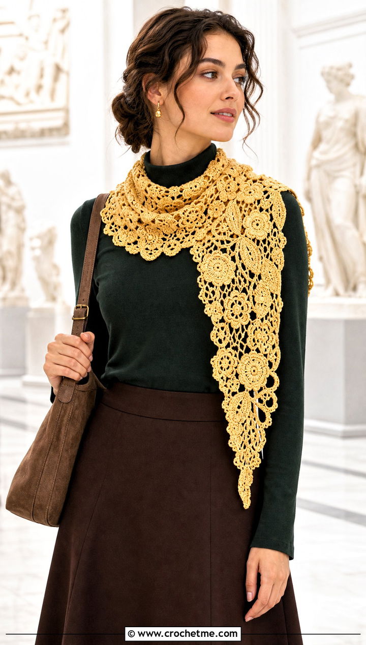 Irish Crochet Asymmetrical Scarf With Midi Skirt - 25 irish crochet scarf outfit ideas