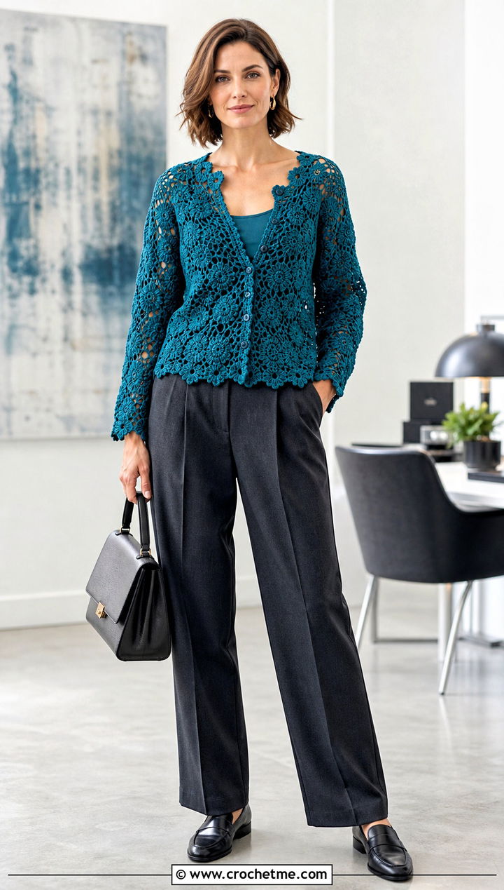 Irish Crochet Blouse With Tailored Trousers - 35 lacy crochet top outfit ideas