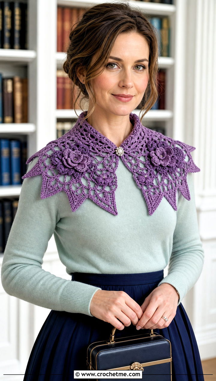 Irish Crochet Collar Scarf With Crewneck Sweater - 25 irish crochet scarf outfit ideas