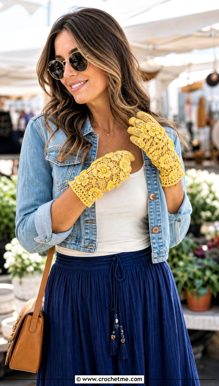 Irish Crochet Floral Gloves With Denim Jacket And Maxi Skirt - 15 Vintage Lace Crochet Gloves outfit ideas