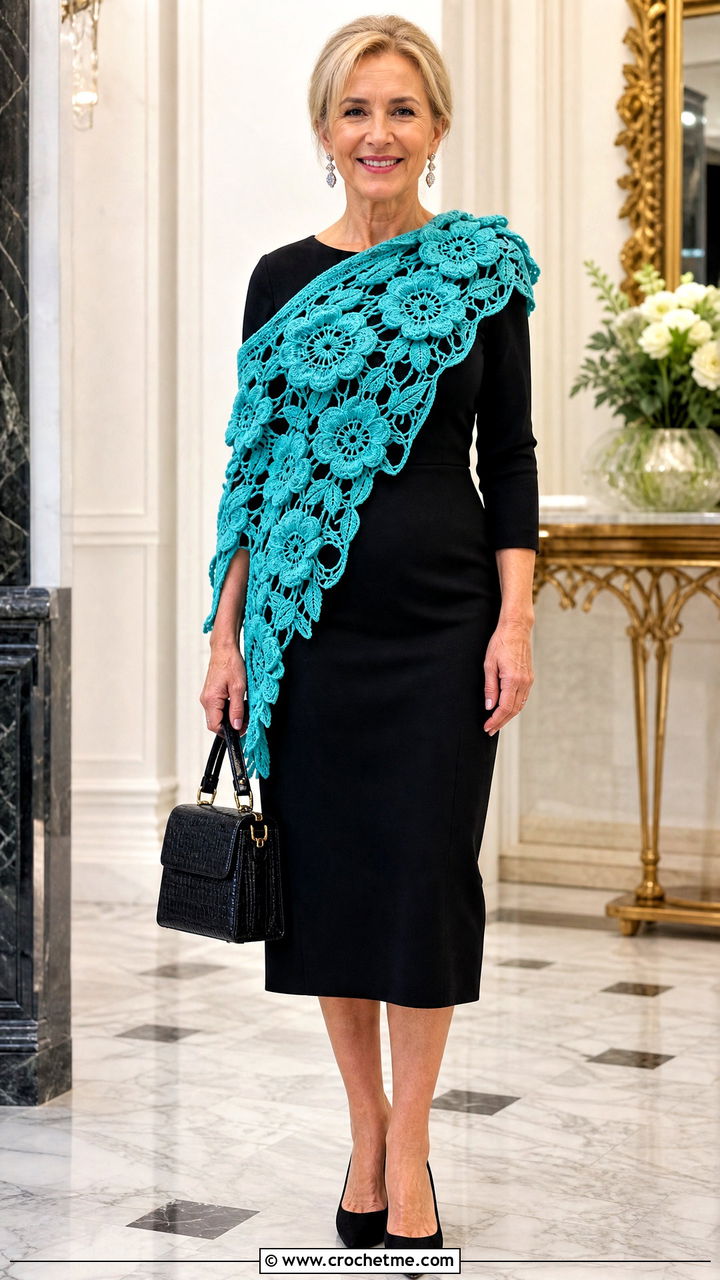 Irish Crochet Floral Lace Scarf With Black Midi Dress - 35 crochet lace scarf outfit ideas