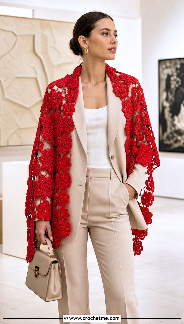 Irish Crochet Floral Shawl With Blazer - 15 Crochet Flower Shawl outfit ideas