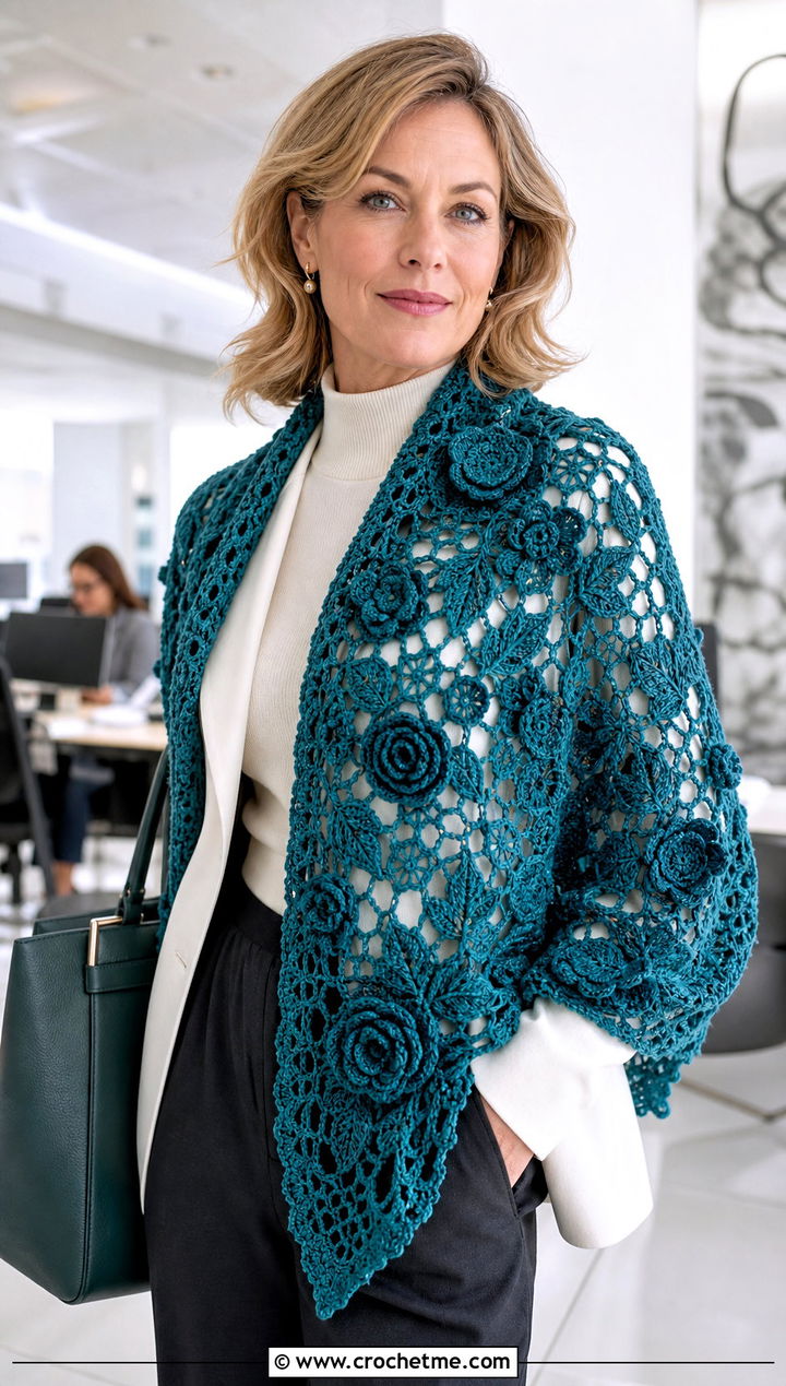 Irish Crochet Floral Shawl With Tailored Workwear - 15 Crochet Floral Shawl outfit ideas