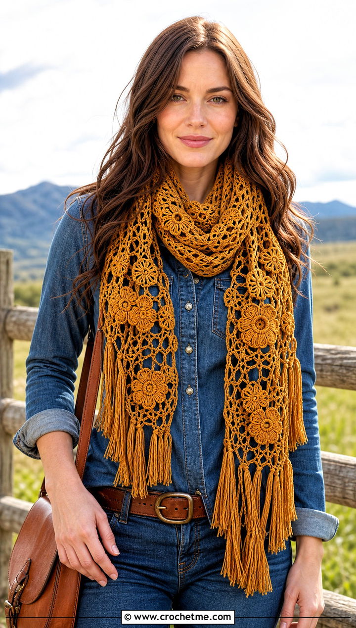 Irish Crochet Fringe Scarf With Western Denim - 25 irish crochet scarf outfit ideas