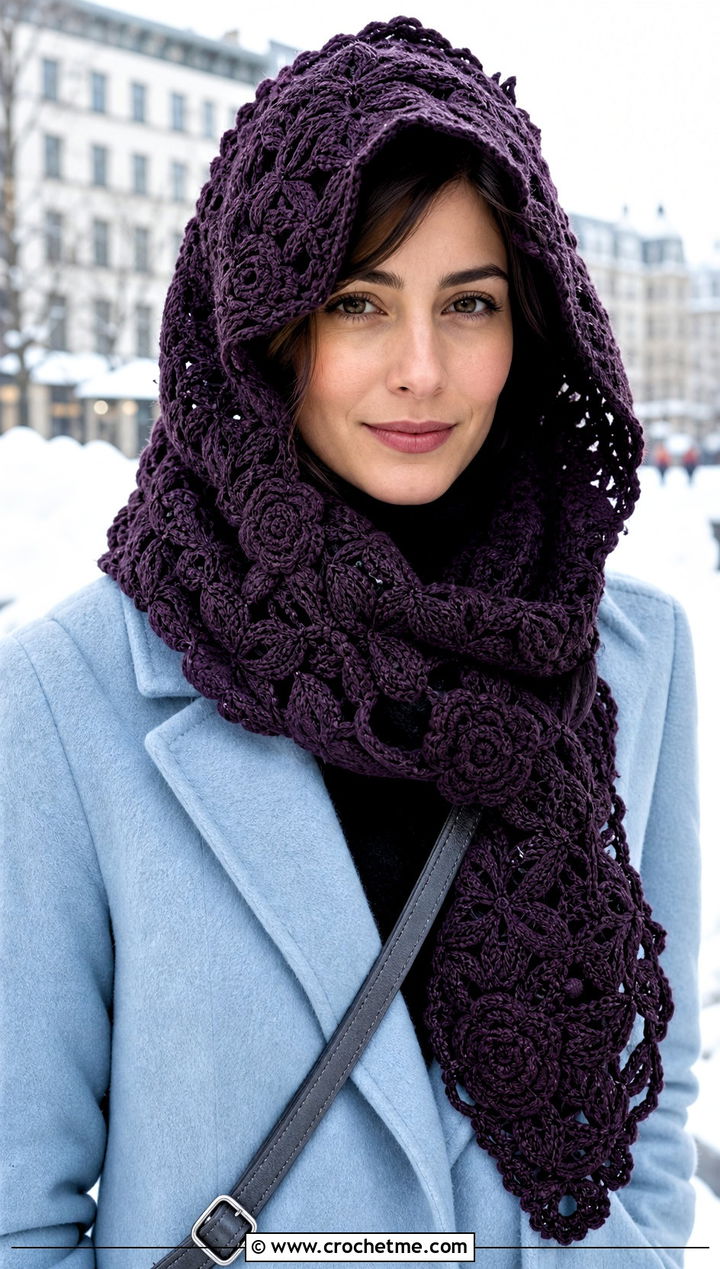 Irish Crochet Hooded Scarf With Long Coat - 25 irish crochet scarf outfit ideas