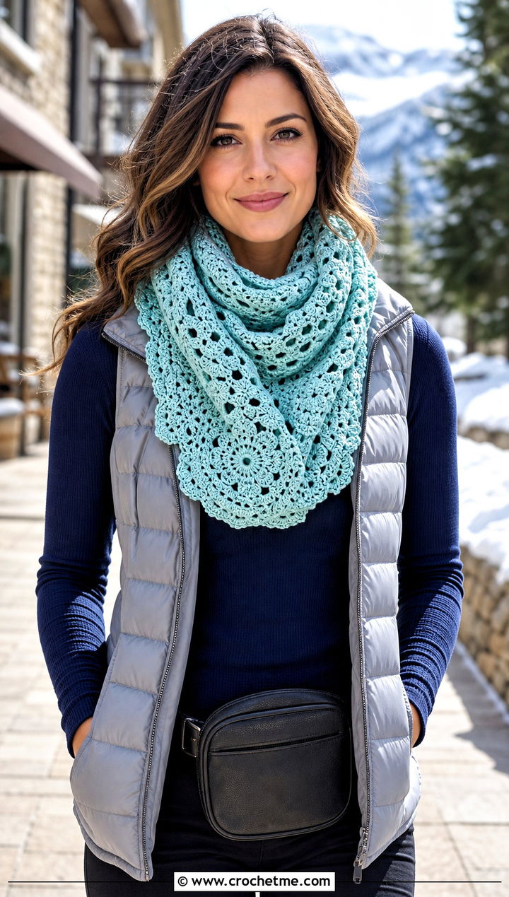 Irish Crochet Infinity Scarf With Puffer Vest - 25 irish crochet scarf outfit ideas