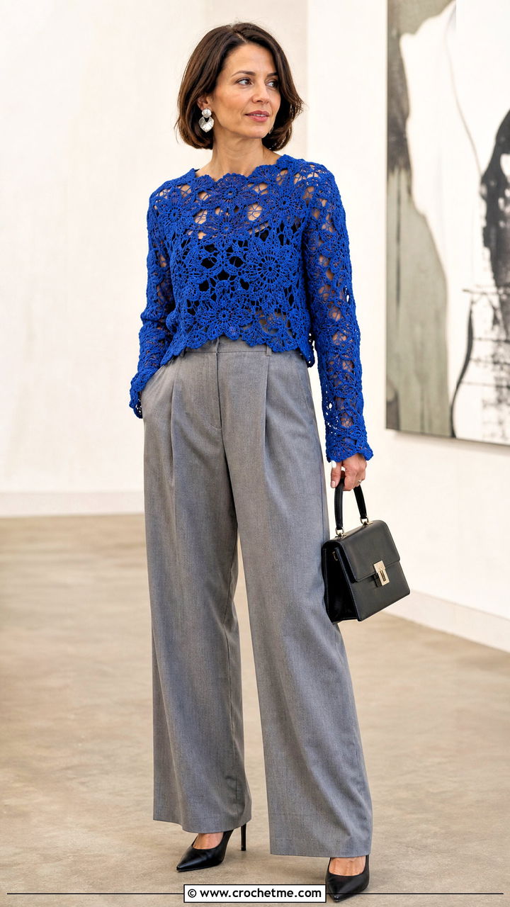 Irish Crochet Lace Blouse With Tailored Trousers - 35 crochet lace blouse outfit ideas
