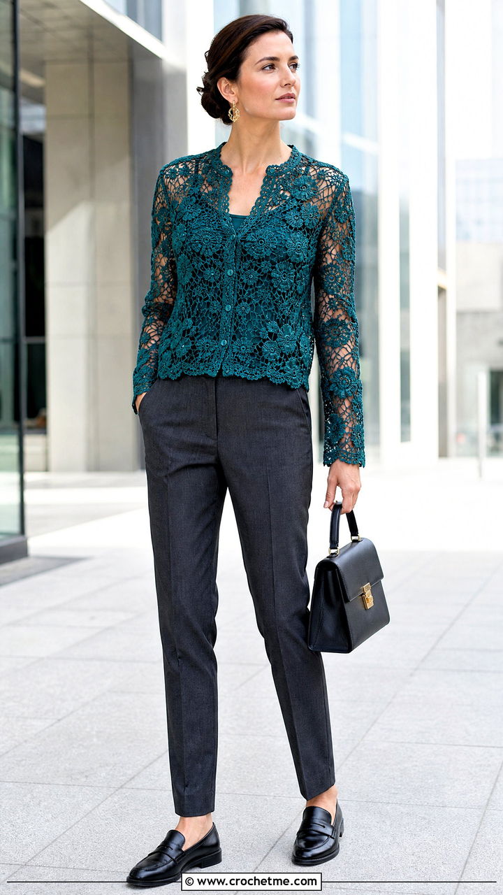 Irish Crochet Lace Blouse With Tailored Trousers - 35 crochet lace top outfit ideas