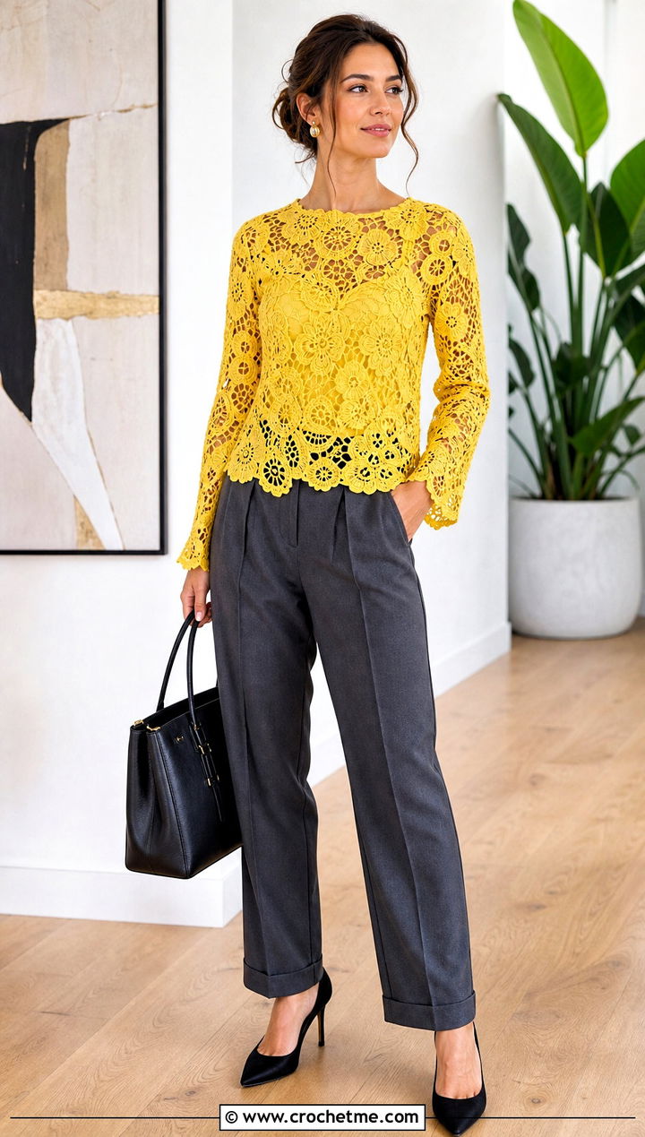 Irish Crochet Lace Blouse With Tailored Trousers - 30 crochet lace clothes and outfit ideas