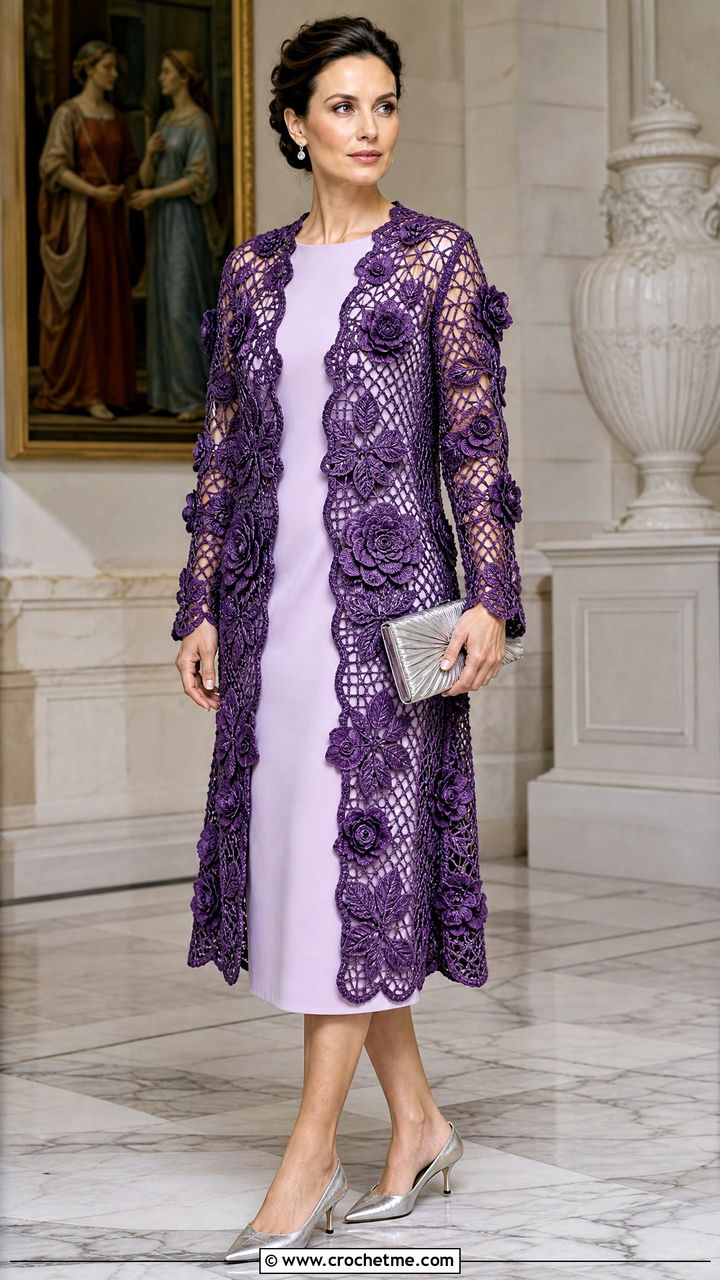 Irish Crochet Lace Coat With Sheath Dress - 35 crochet coats outfit ideas