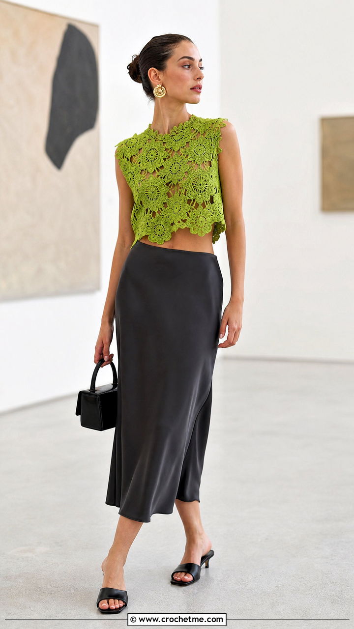 Irish Crochet Lace Crop Top With Satin Midi Skirt - 35 lace crochet top outfit ideas