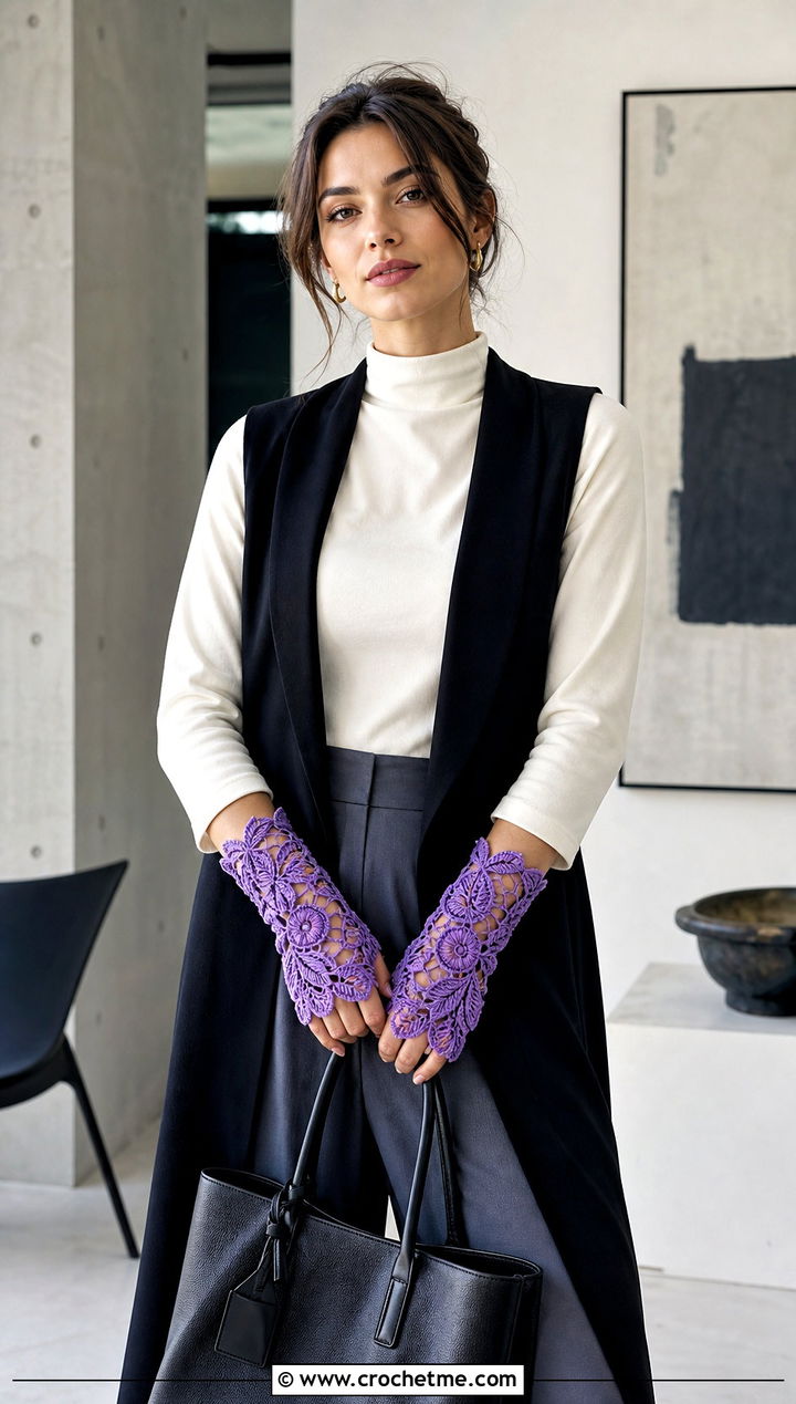Irish Crochet Lace Fingerless Gloves With Tailored Trousers - 25 Lace Crochet Fingerless Gloves outfit ideas