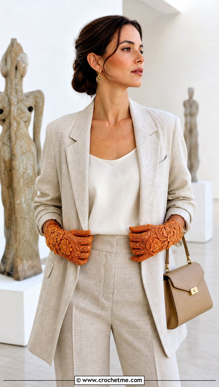 Irish Crochet Lace Gloves With Linen Suit - 30 crochet lace gloves outfit ideas