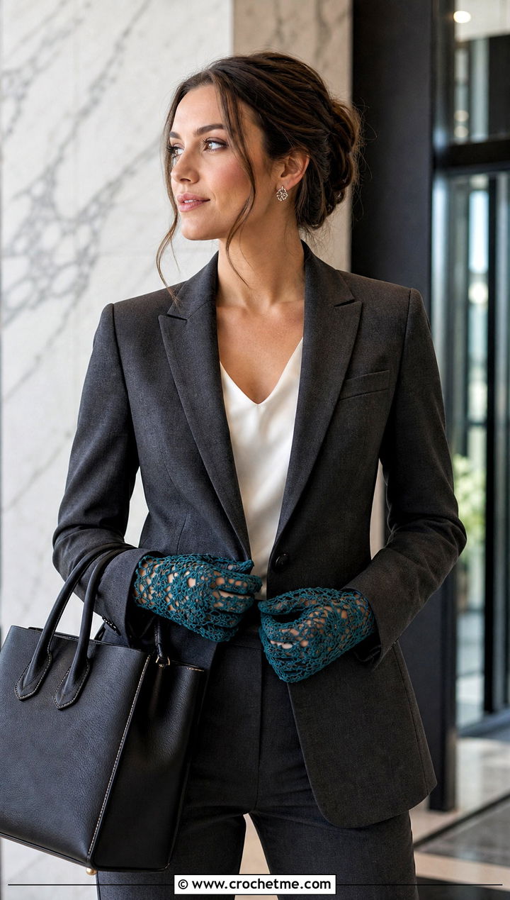 Irish Crochet Lace Gloves With Tailored Suit - 20 Crochet Lace Hand Warmers outfit ideas