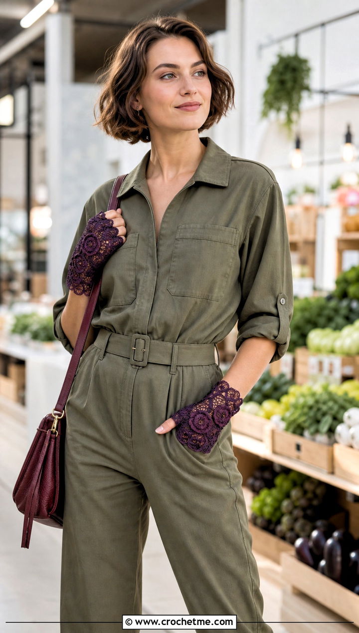 Irish Crochet Lace Gloves With Utility Jumpsuit - 25 lace crochet gloves outfit ideas