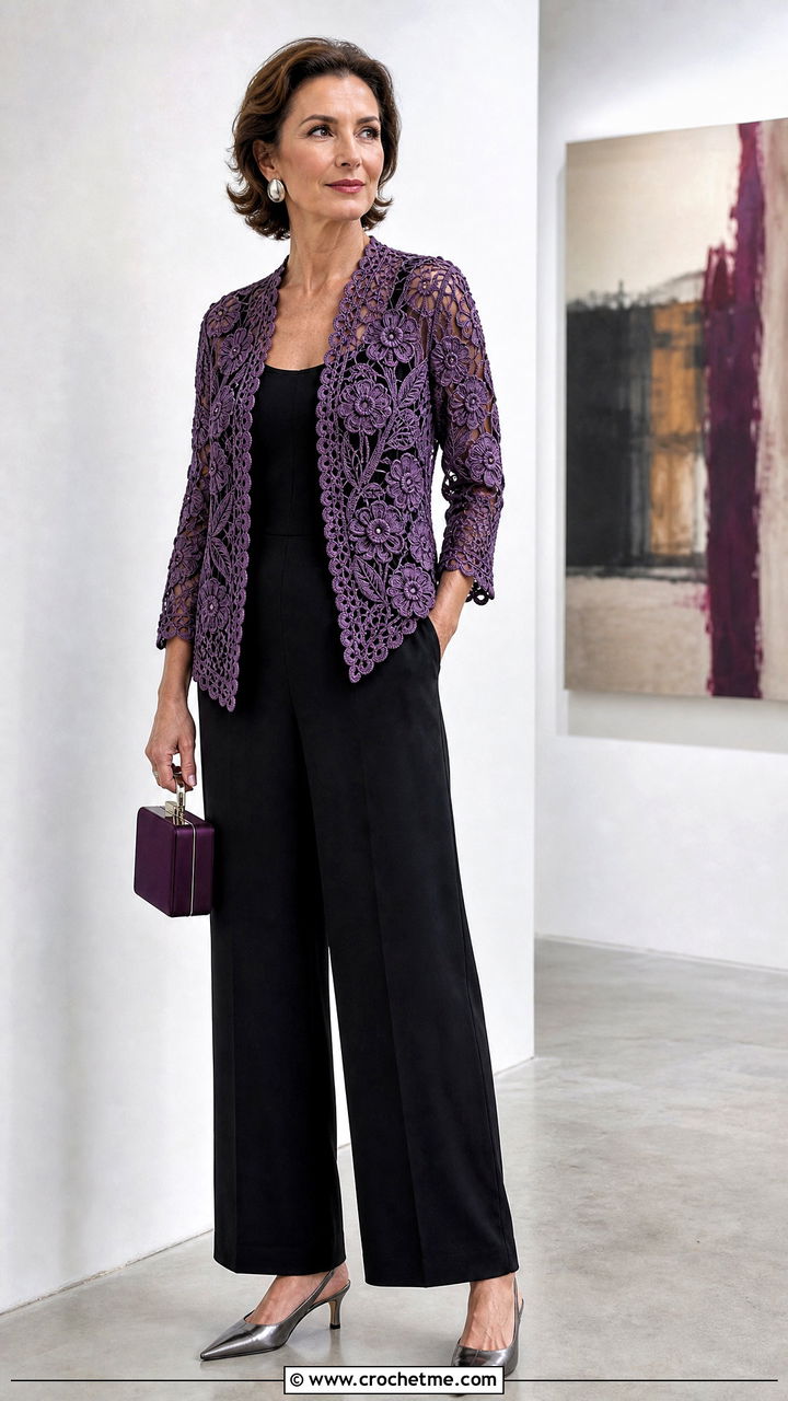 Irish Crochet Lace Jacket With Black Jumpsuit - 35 crochet lace jacket outfit ideas
