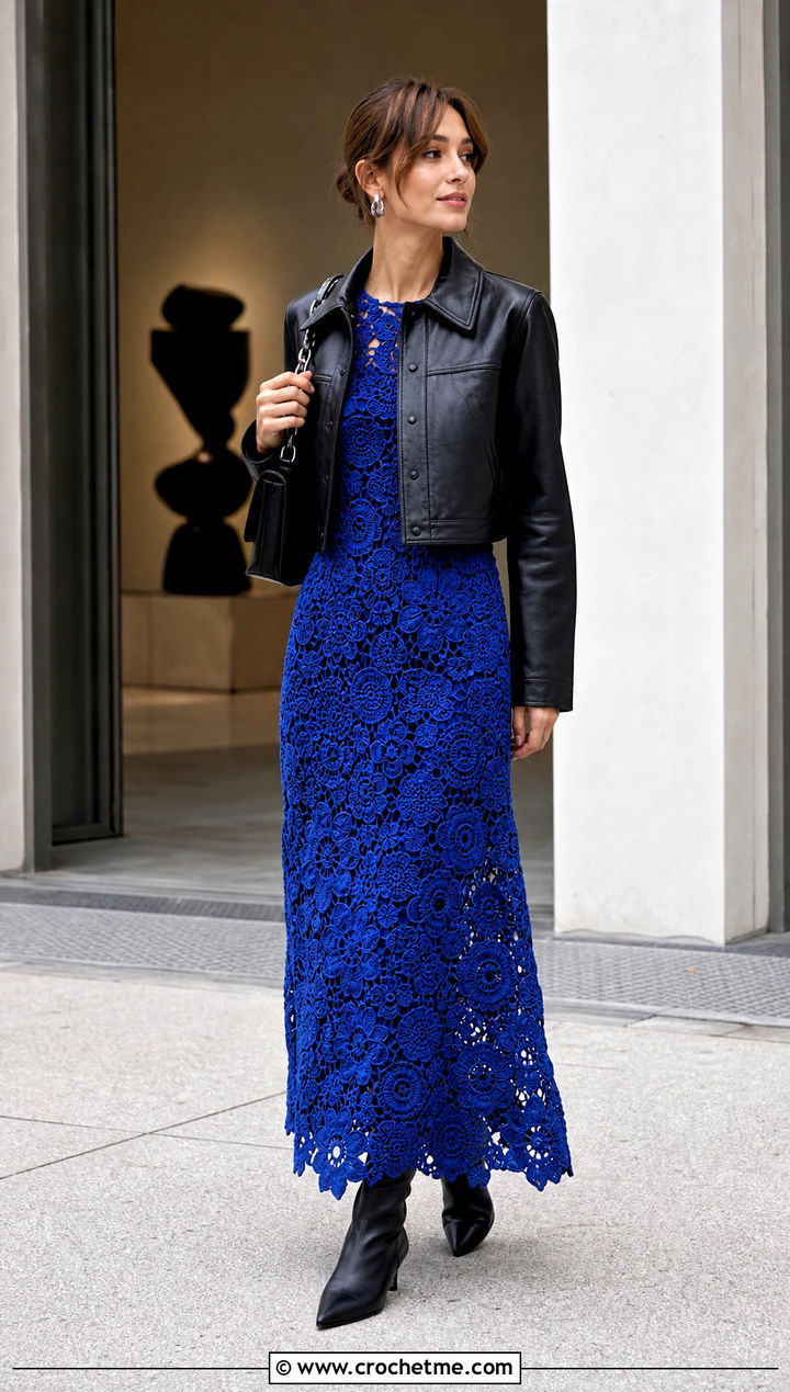 Irish Crochet Lace Maxi Dress With Leather Jacket And Boots - 15 crochet lace dress design outfit ideas