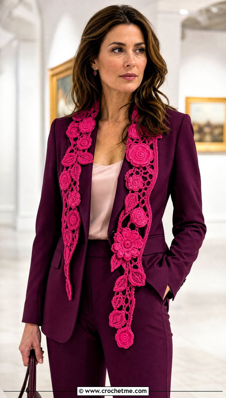 Irish Crochet Lace Scarf With Monochrome Suit - 30 easy crochet lace scarf outfit ideas