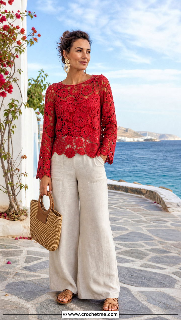 Irish Crochet Lace Sweater With Linen Pants - 25 Crochet Irish Sweater outfit ideas