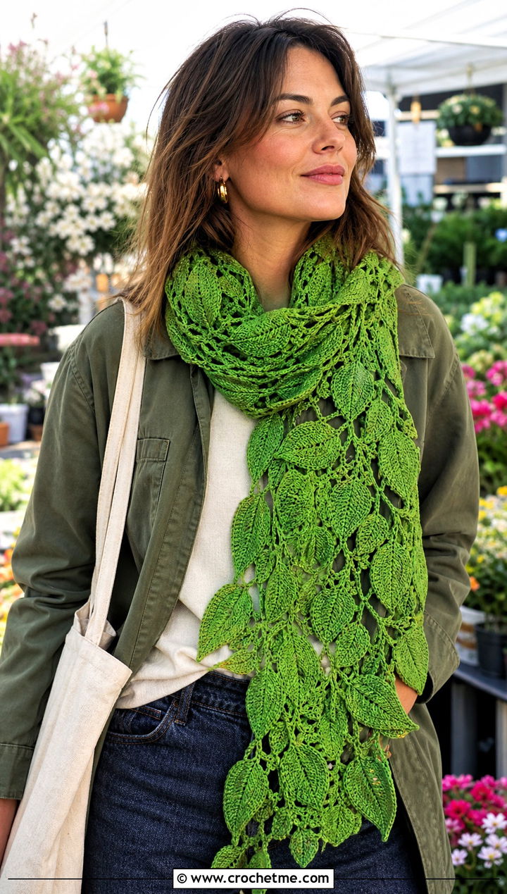 Irish Crochet Leaf Motif Scarf With Utility Jacket - 25 irish crochet scarf outfit ideas