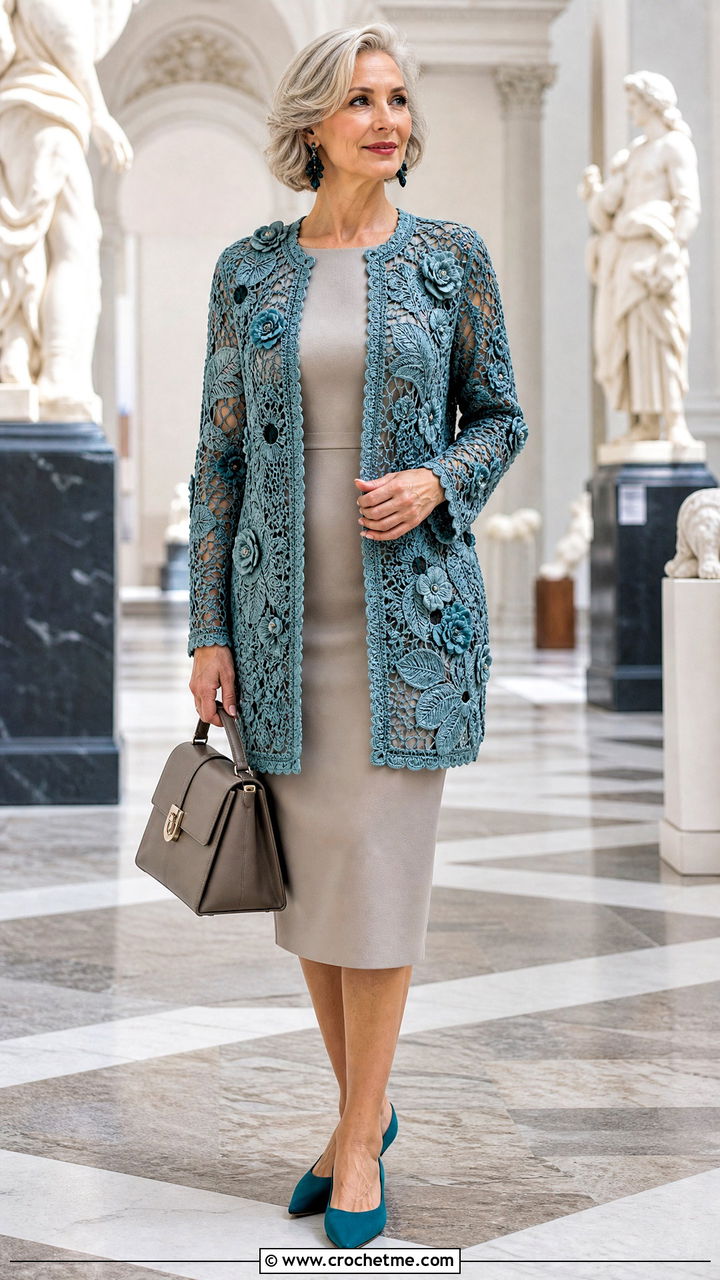 Irish Crochet Motif Cardigan With Column Dress - 35 crochet lace cardigan outfit ideas
