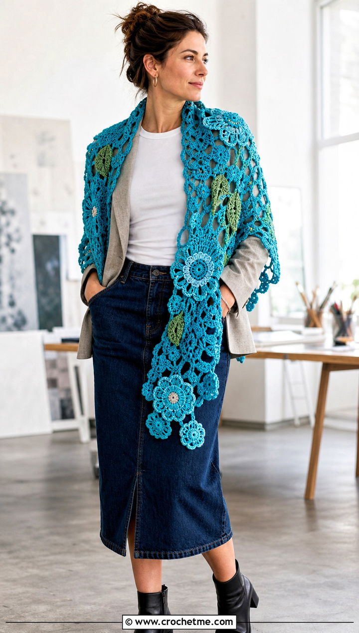 Irish Crochet Motif Stole With Blazer And Denim Midi Skirt - 25 Victorian Crochet Shawl outfit ideas