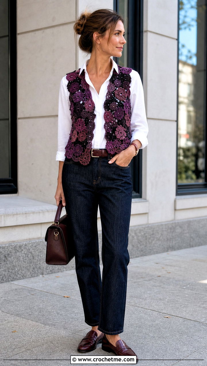 Irish Crochet Motif Vest With a White Shirt - 20 Lacy Crochet Vest outfit ideas