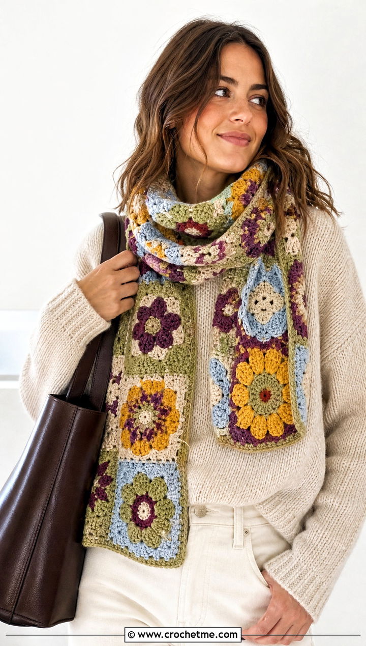Irish Crochet Patchwork Scarf With Neutral Basics - 25 irish crochet scarf outfit ideas