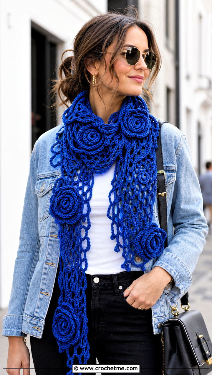 Irish Crochet Rose Scarf With Denim Jacket - 25 irish crochet scarf outfit ideas