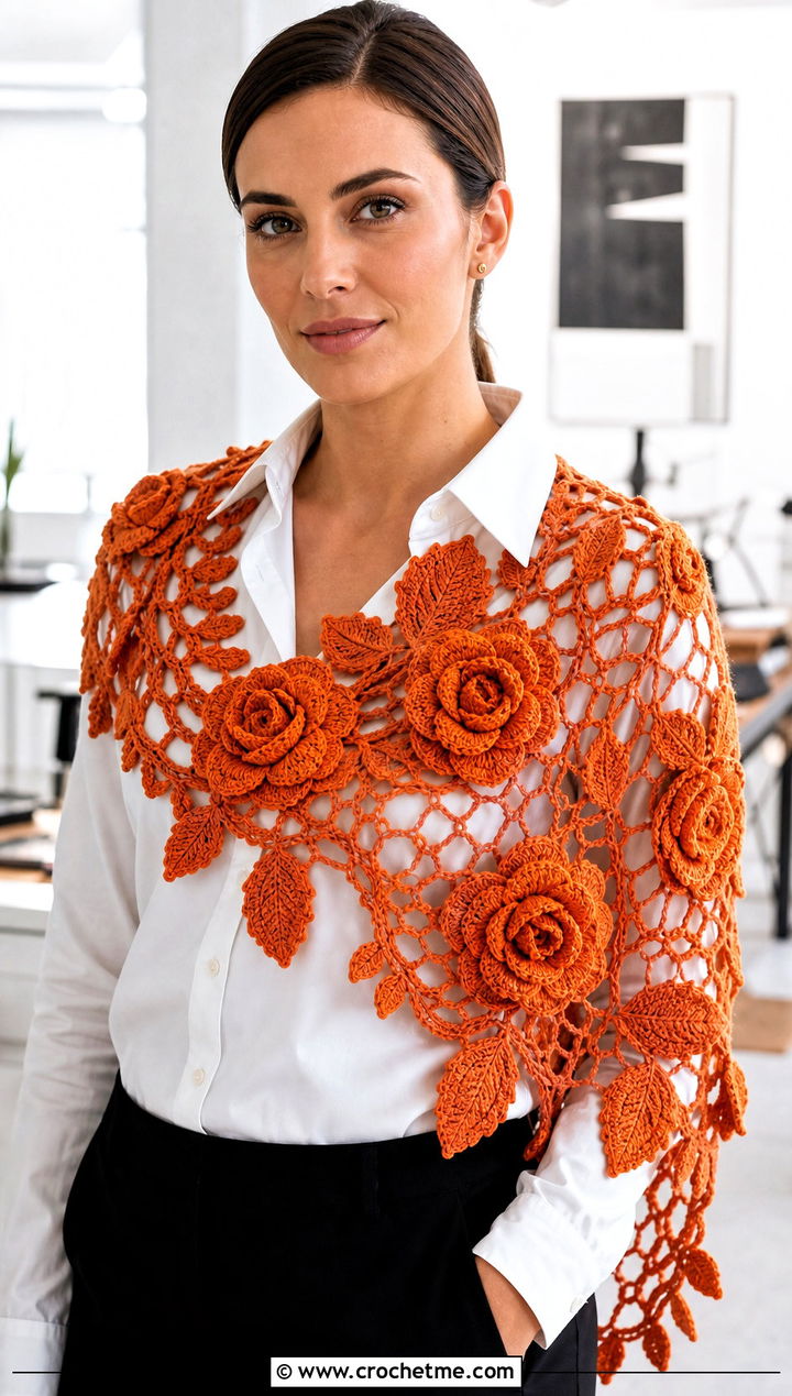 Irish Crochet Rose Shawl With White Shirt - 20 Crochet Rose Shawl outfit ideas