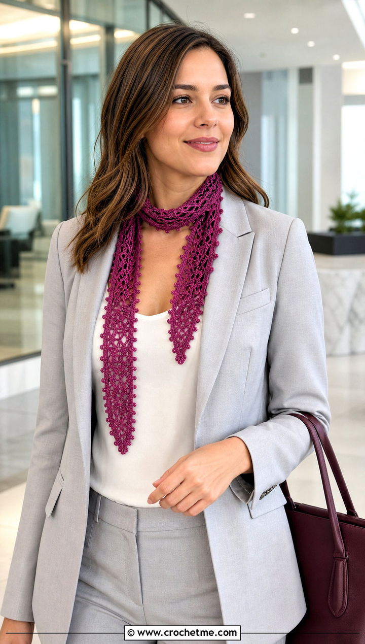 Irish Crochet Skinny Scarf With Pantsuit - 25 irish crochet scarf outfit ideas