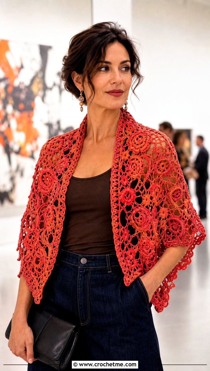 Irish Crochet Stole Scarf With Wide Leg Jeans - 25 irish crochet scarf outfit ideas