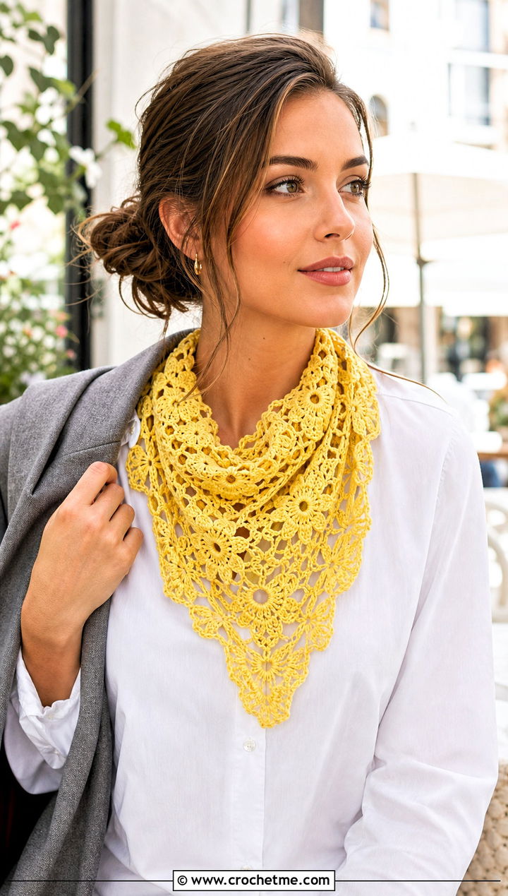 Irish Crochet Triangle Scarf With White Shirt - 25 irish crochet scarf outfit ideas